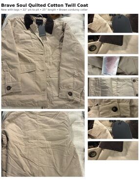 Brave Soul Beige Quilted Cotton Twill Coat with Brown Corduroy Collar